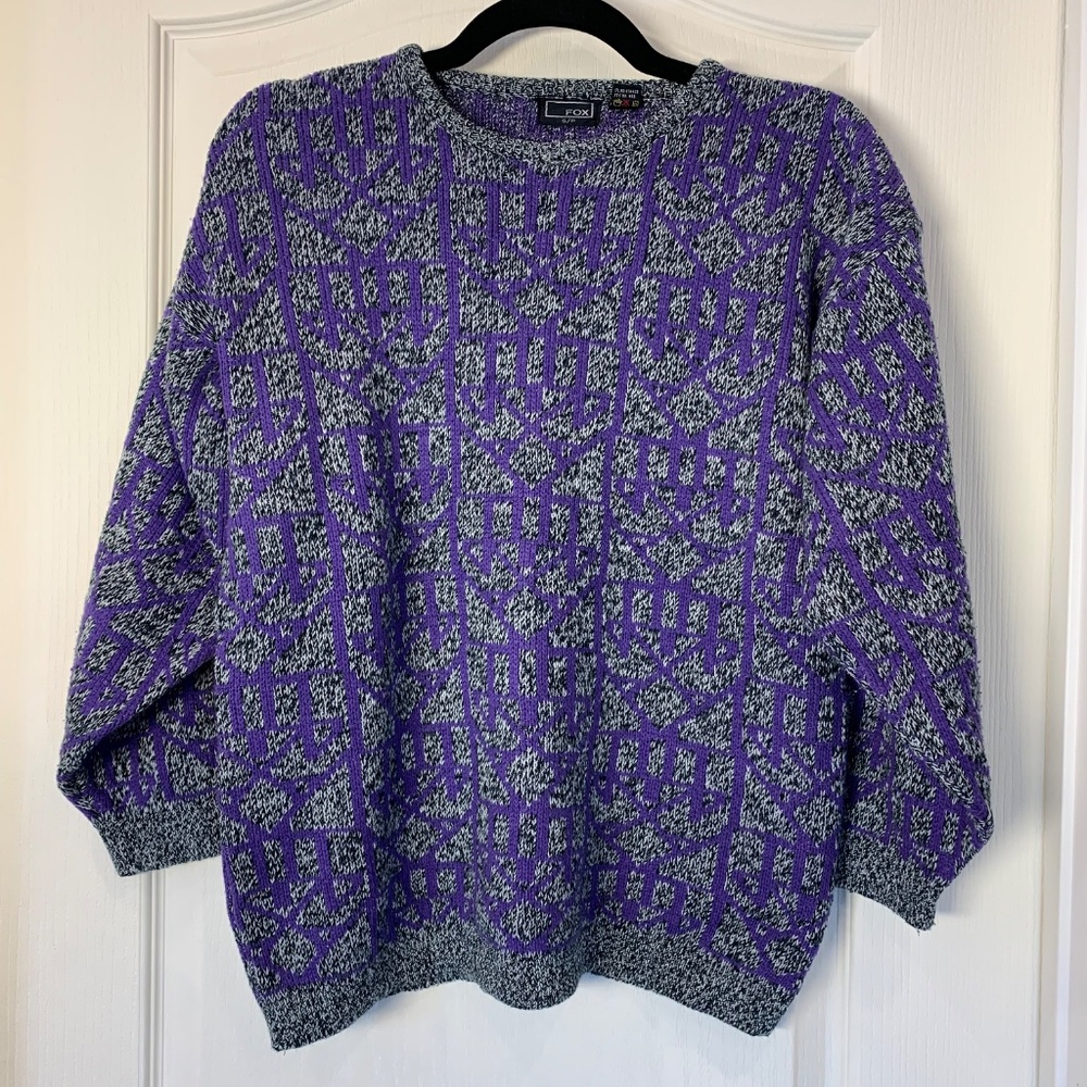 Fox Vintage-Style Graphic Knit Sweater (S) Purple/Grey/Black Bold‎ Retro 80s 90s